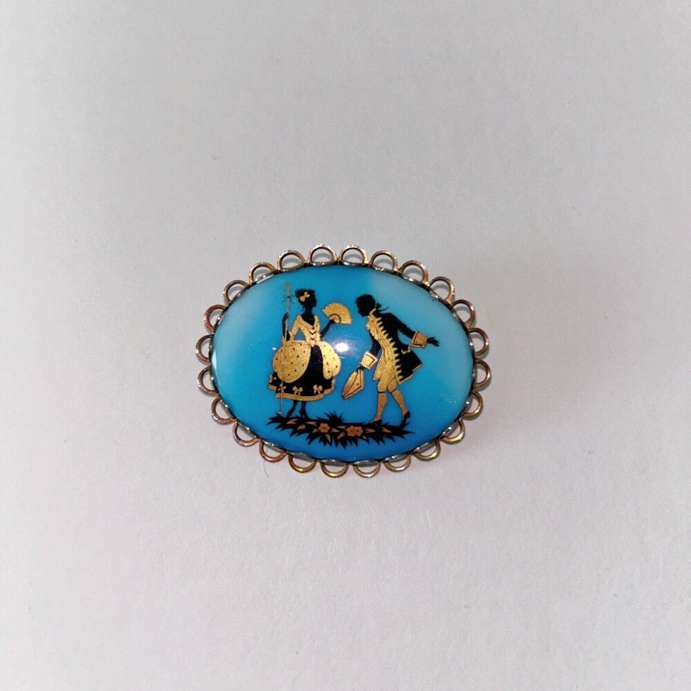 Vintage Silver Tone Blue Gold Shadow Cameo Couple Courting Fashion Pin Brooch